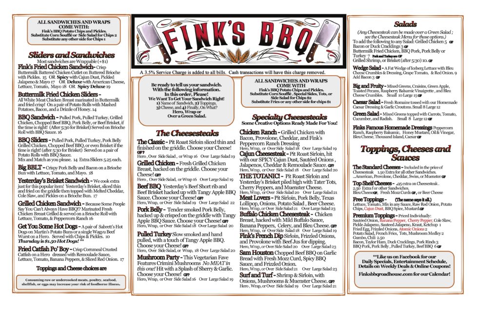 Menu Fink's BBQ and Cheesesteak Roadhouse